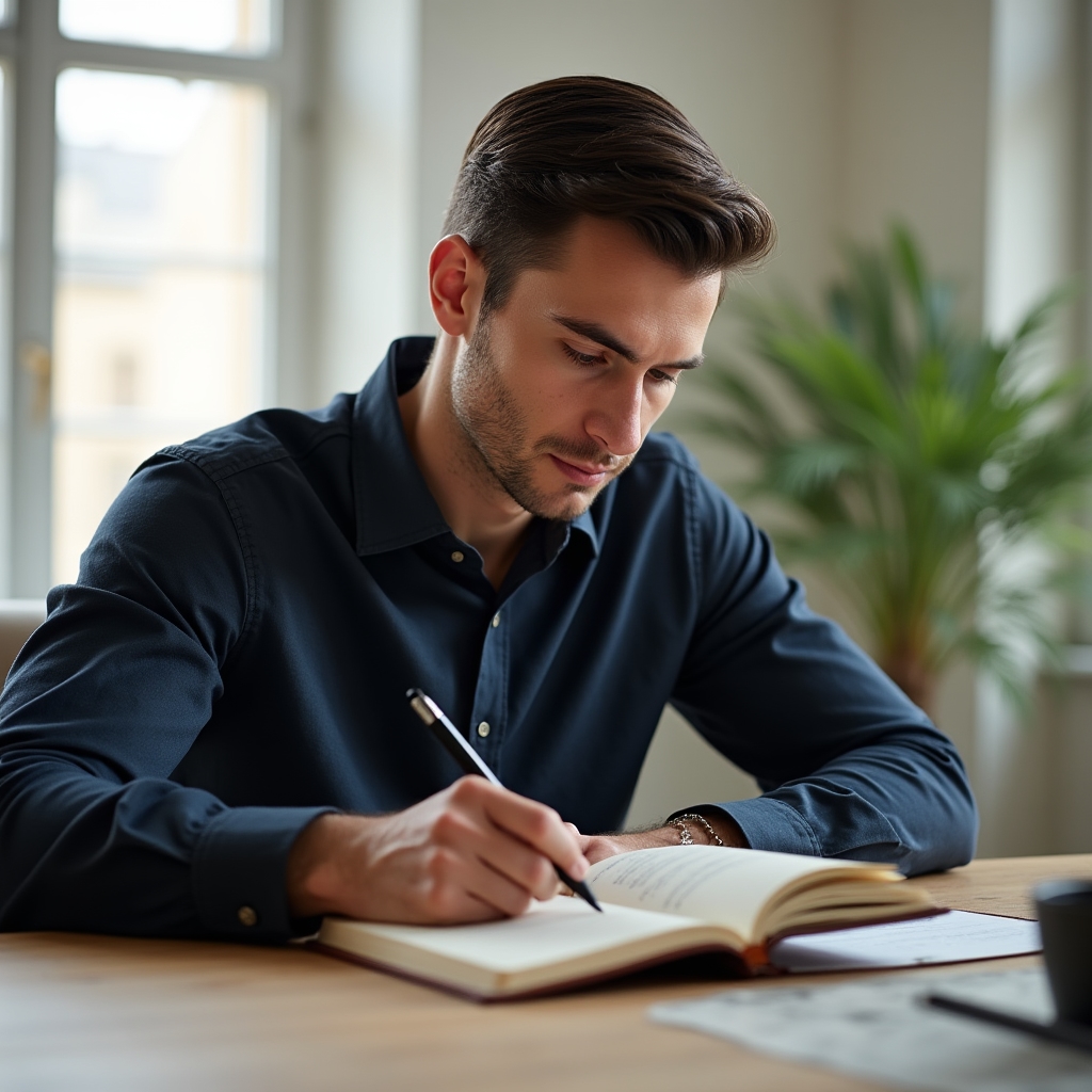Person writing in a reflection journal at a clean desk with soft natural light