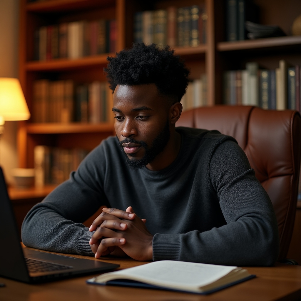 Person engaged in online learning on a laptop, relaxed and focused in a comfortable home environment with warm lighting