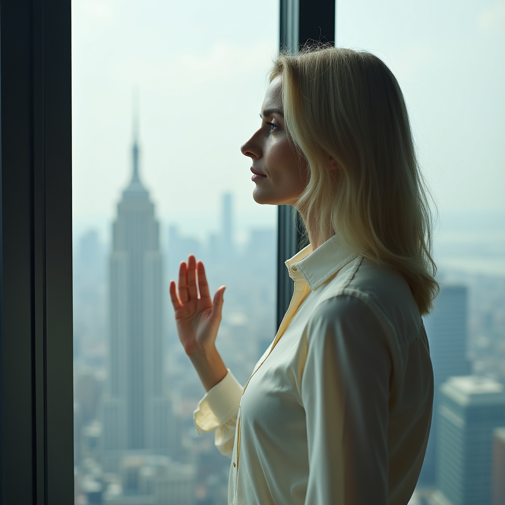Individual pausing in thought, looking out a large window with a calm, reflective expression